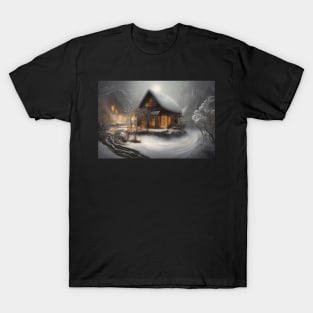 Magical Fantasy House with Lights in a Snowy Scene, Fantasy Cottagecore artwork T-Shirt